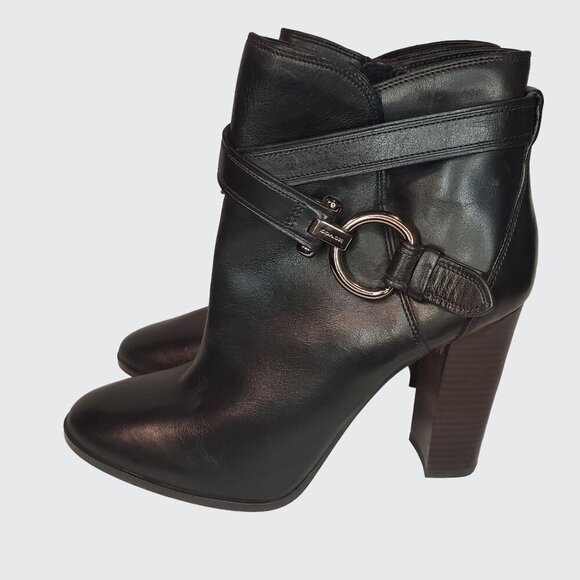 Coach "Alessandra" Ankle Booties Heels Black Leather Strap Buckle Women's SZ 10B - Picture 1 of 14